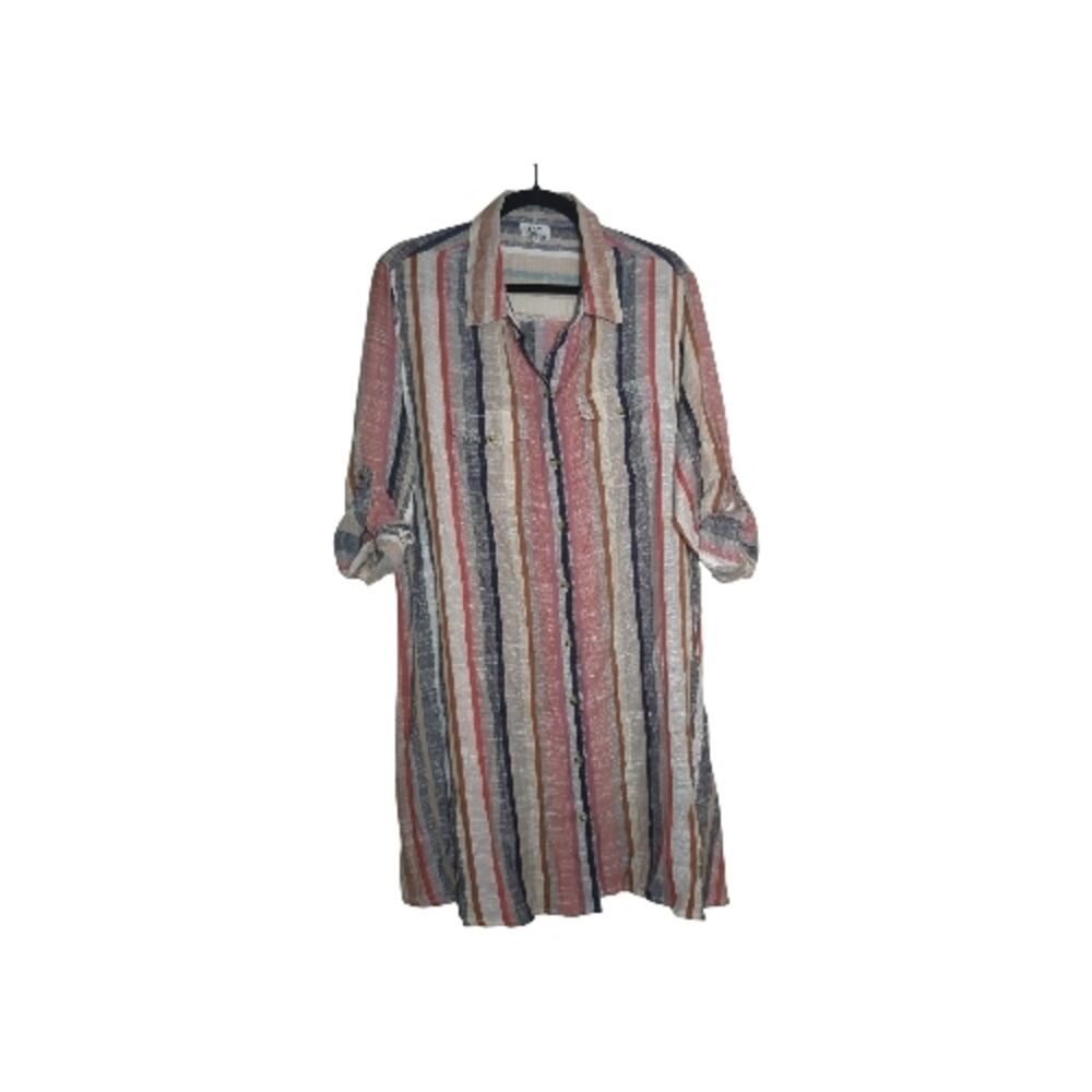 Casual Cotton Muted Color Striped Button Front Mini Shirt Dress Coastal Bohochic